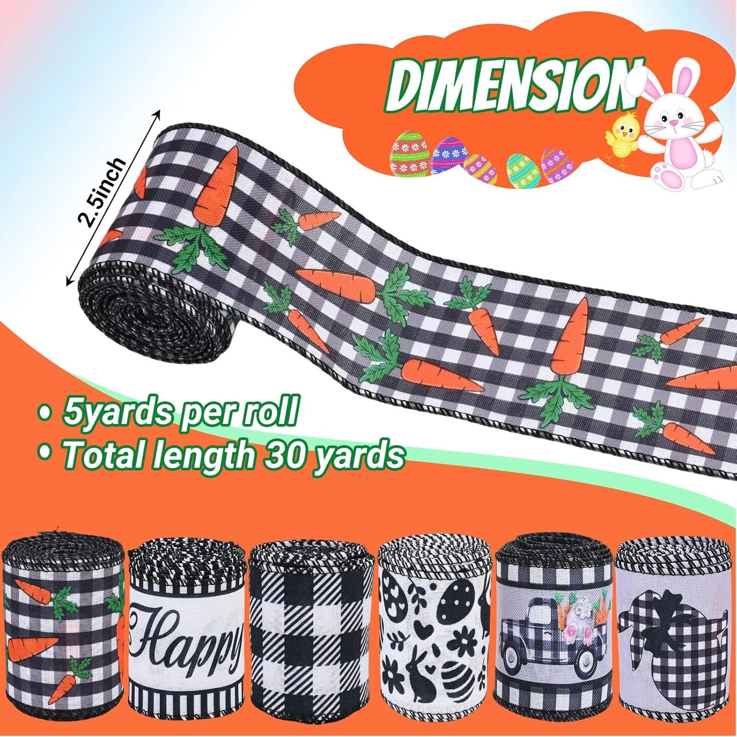 6 Rolls 30 Yards Easter Wired Ribbon 2.5 Inch Black White Ribbon Spring Craft Ribbon Bunny Carrot Decorative Ribbon for Easter Wreaths,Crafts,Big Bows,Gift Wrapping