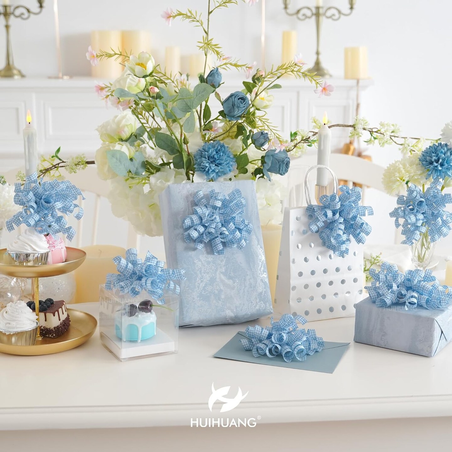 Blue Bows for Gift Wrapping Dusty Blue Plaid Ribbon Bow Self Adhesive Curly Gift Bows for Presents, Treat Bags, Bridal Shower Favors, Wrapping Accessories -5 inch x 8 Counts