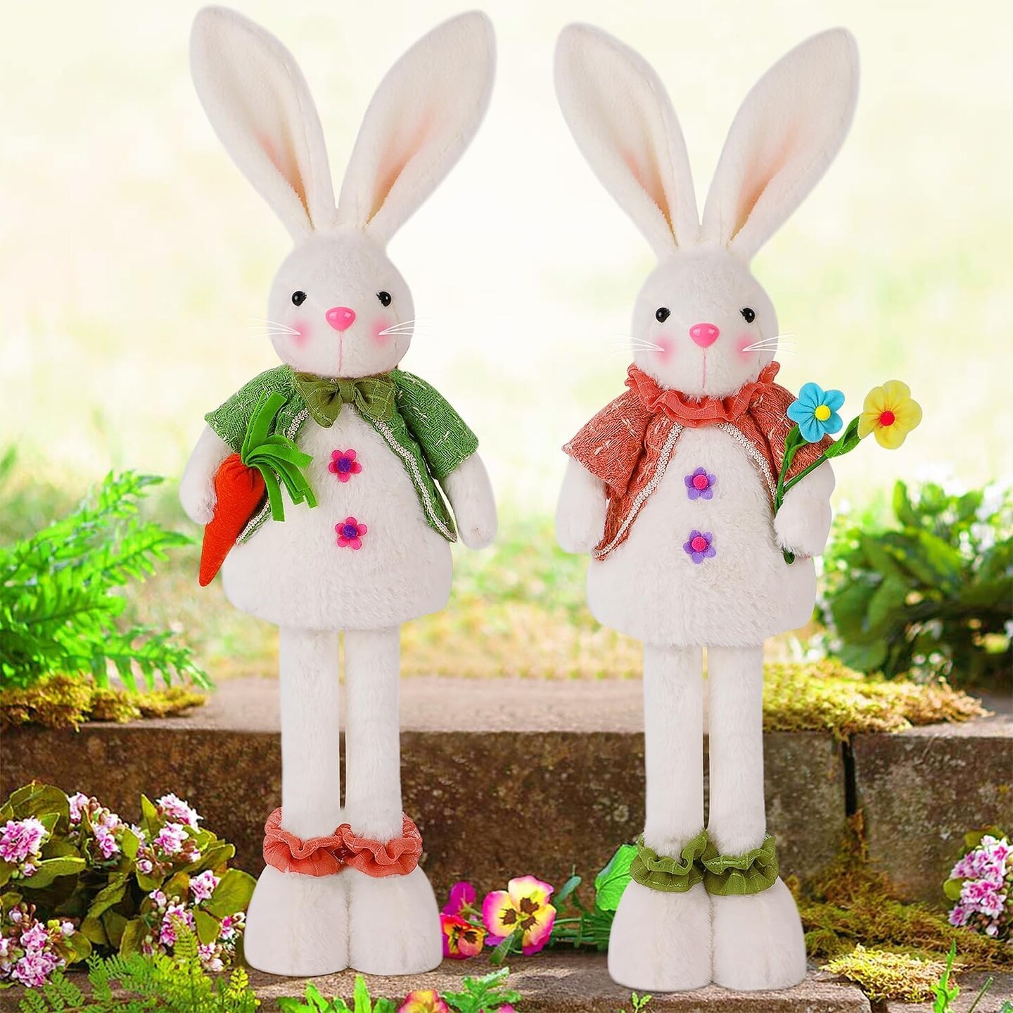 2 Pack Easter Standing Bunny with Stretchable Legs, 18&#x22; to 25&#x22; Plush Rabbits Couple Figurine, Cute Party Favor Photo Props Gifts for Office Kitchen Farmhouse Front Door Spring Home Decor