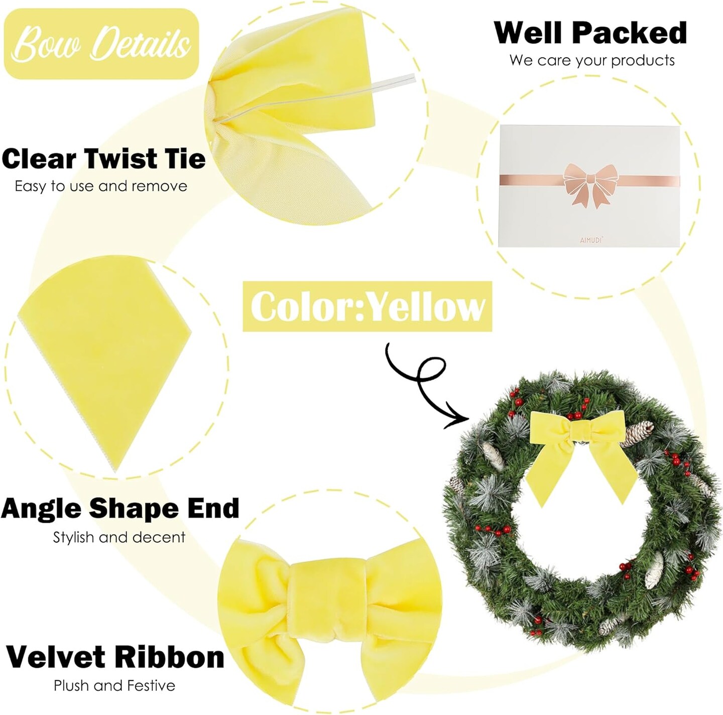 Yellow Velvet Bows 4.5&#x22; Yellow Velvet Easter Bows Premade Bows Yellow Twist Tie Bows for Wreaths, Gift Basket, Spring Holiday Decor, Gift Wrapping, Swag, Baby Shower Decoration - 12 PCs