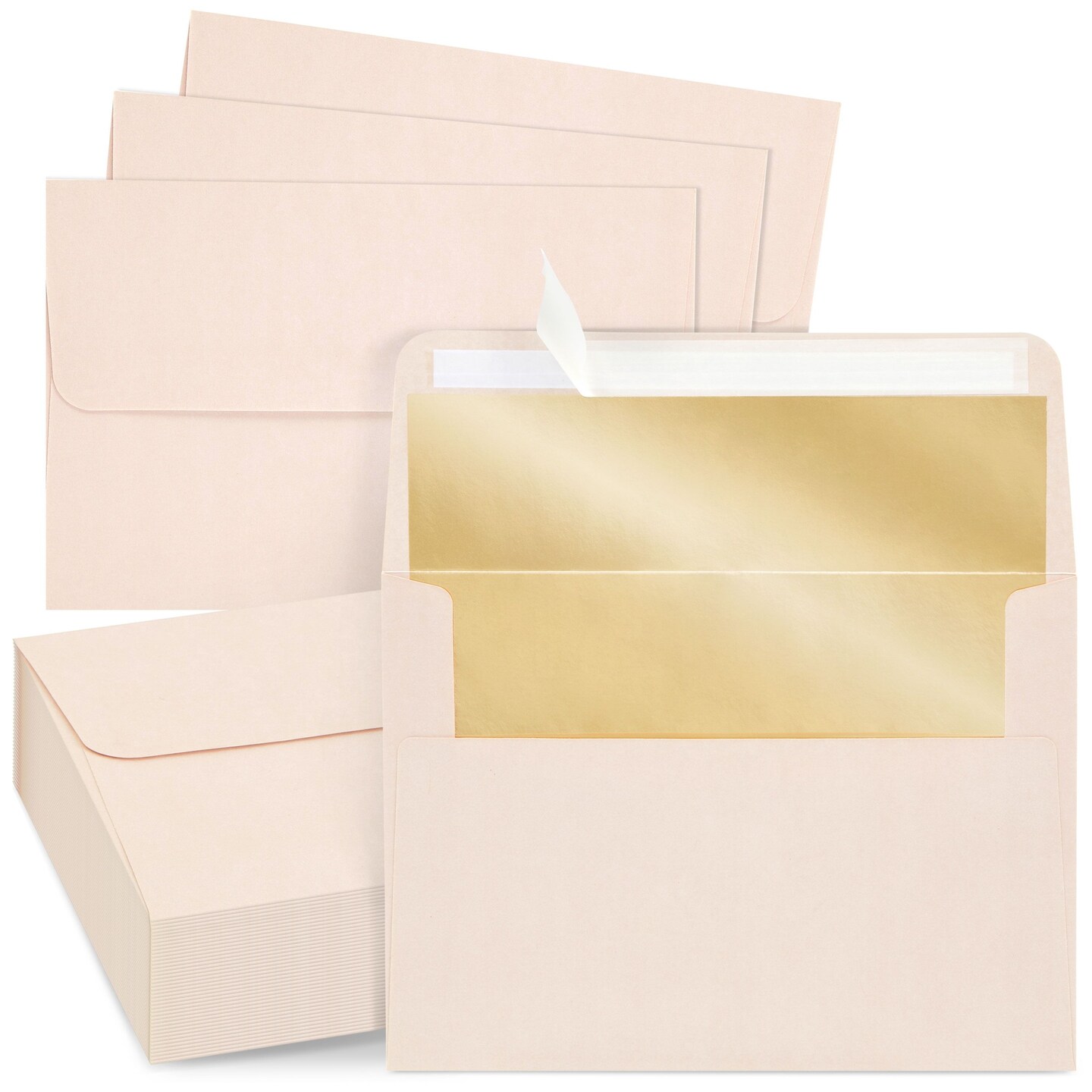 50 Pack Blush Pink 5x7 Envelopes for Invitations, Wedding, A7 Size with Bronze Lining and Self Adhesive Peel and Stick