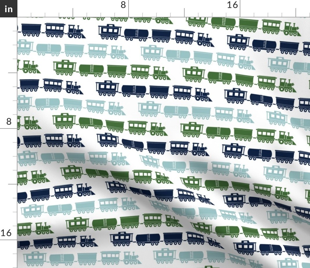 Multi Trains Green Navy Dusty Blue Train Trendy Boy Modern Steam Custom Printed Fabric by Spoonflower Various Fabrics by the Yard or Fat Quarter