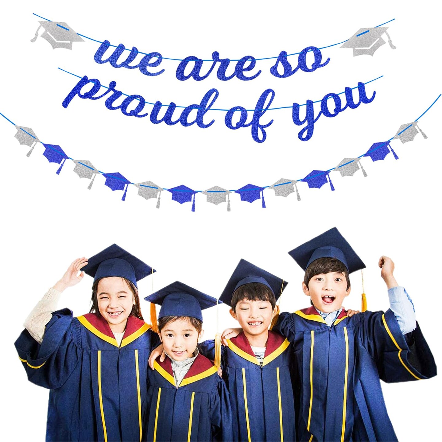 Navy-Blue White-Silver Party-Decoration Graduation Banner - 8pcs Kits Cap Garland Streamers, Paper Tissue Pom Poms Flowers,We are So Proud of You Congratulations Grad 2026 Decor Lasting Surprise