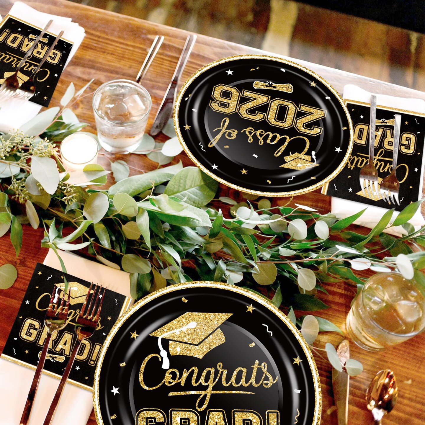 2026 Graduation Party Supplies Tableware Set - 200 Pcs Black Gold Graduation Plates and Napkins Class of 2026 Disposable Dinnerware for College High School Congrats Graduation Party favors, Serve 50