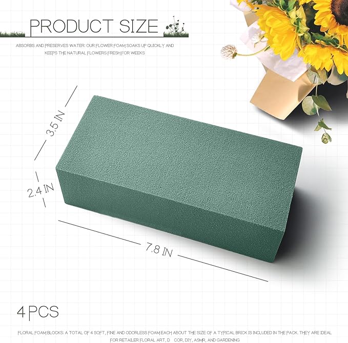 4Pcs Floral Foam, (7.8" L x 3.5" W x 2.4" H) Flower Foam Blocks, Green Wet Dry Plant Foam for Fresh or Artificial Flower Arrangement, Florist Foam for DIY Craft Art Supplies Wedding Home Decor