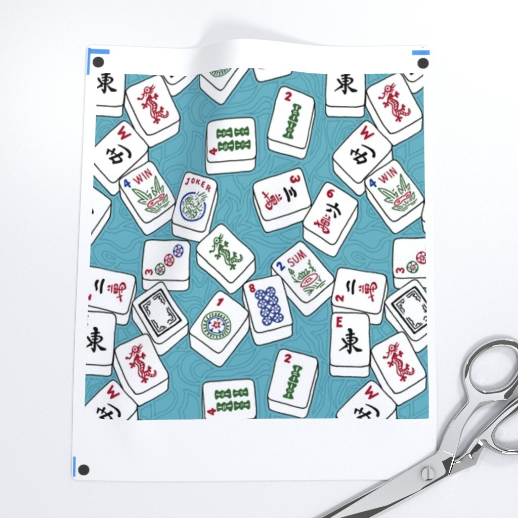 Mahjong Tiles Game Aqua Background Chinese Gambling Custom Printed Fabric by Spoonflower Various Fabrics by the Yard or Fat Quarter