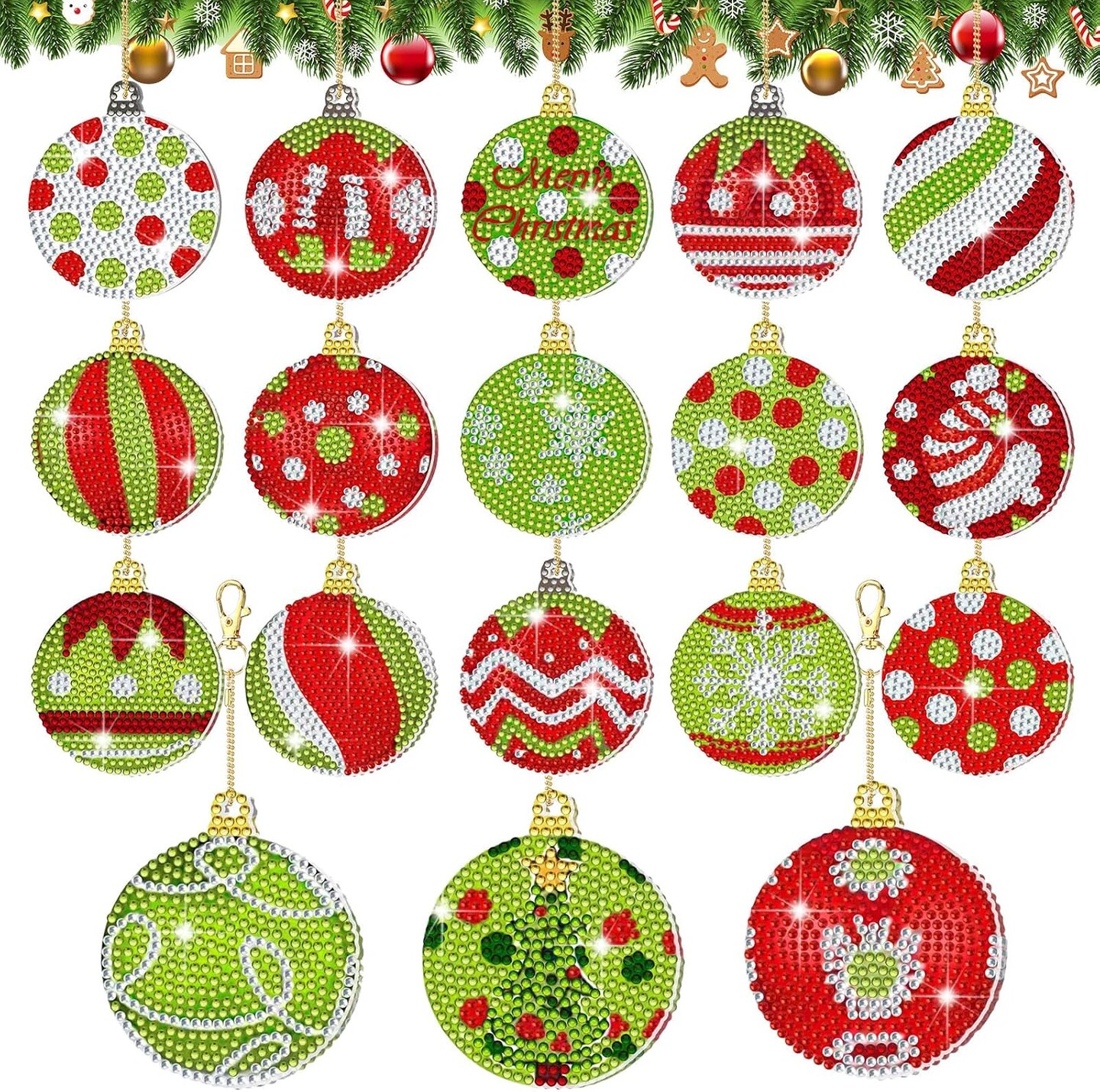 Citrus; 18-Pack Christmas Diamond Painting Ornaments Kit – 5D Double-Sided DIY Lime Green & Red Rhinestone Tree Decorations – Holiday Keychain & Hanging Craft Set for Adults & Family; Category:Diamond Painting Kits; Image:1