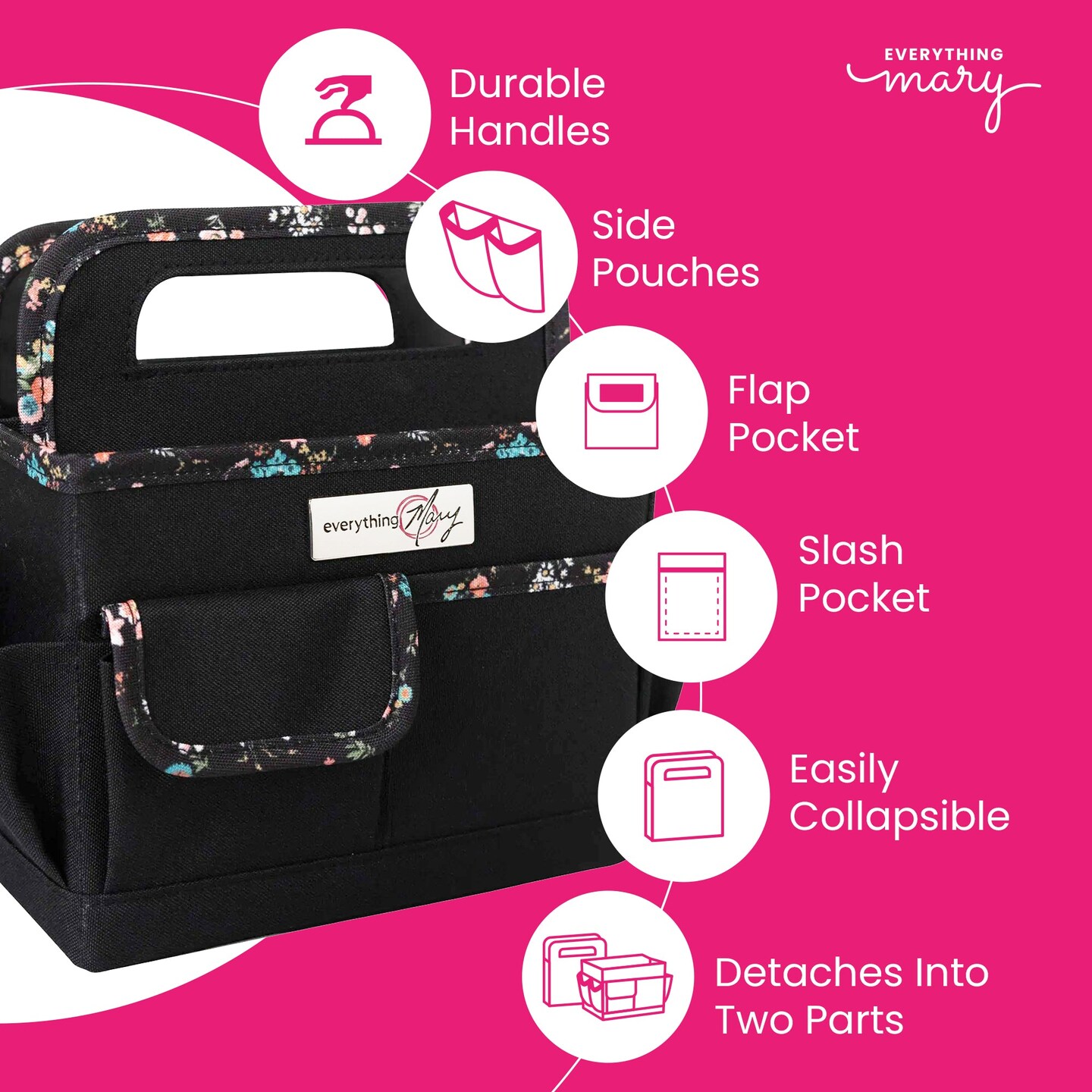 Everything Mary Collapsible Desktop Craft Caddy, Black & Floral