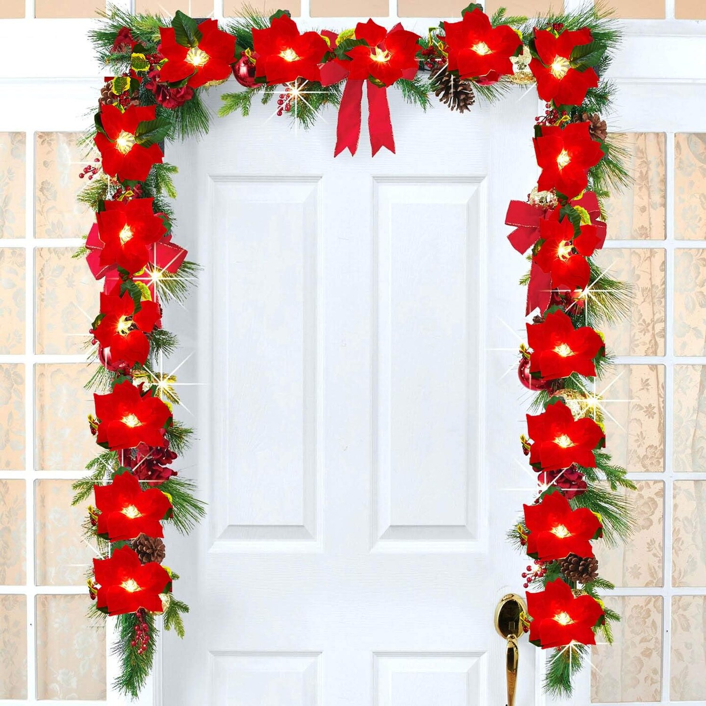 6.5Ft Lighted Poinsettia Christmas Garland with Red Berries and Holly Leaves,