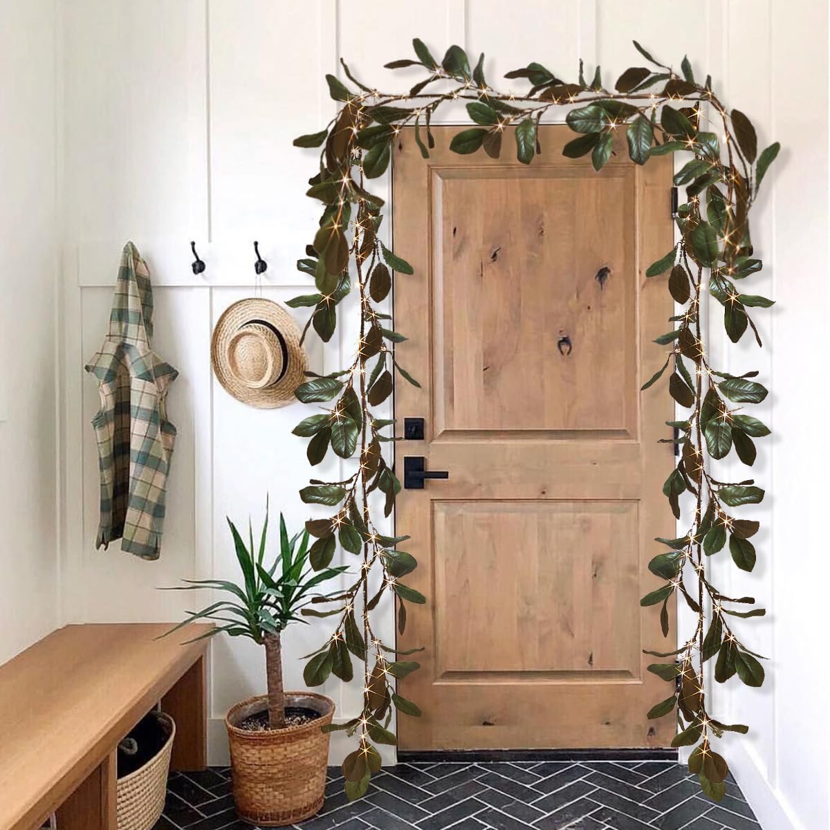 6FT 80 LED Spring Greenery Magnolia Lighted Garland with Timer