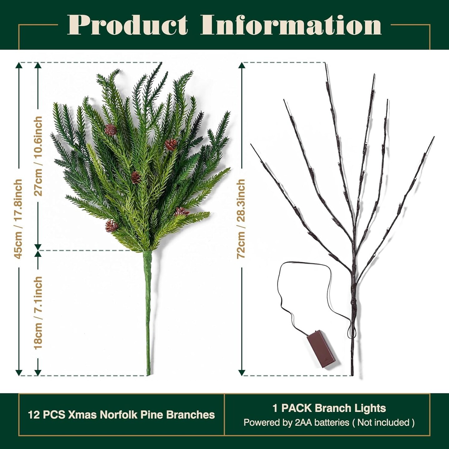 12 Pcs Christmas Garland Norfolk Pine Branches With Lights