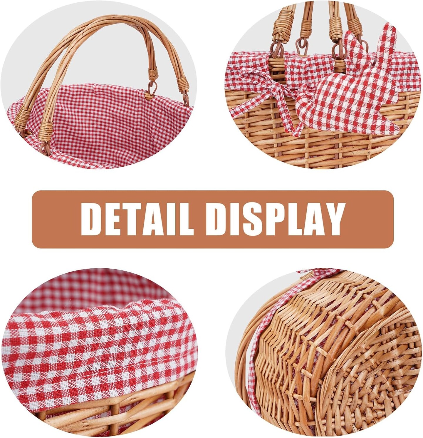 Wicker Picnic Basket with Double Folding Handles,Willow Picnic Hamper,Natural Hand Woven Basket, Basket,Bath Toy and Kids Toy Storage,Gift Packing Basket Red