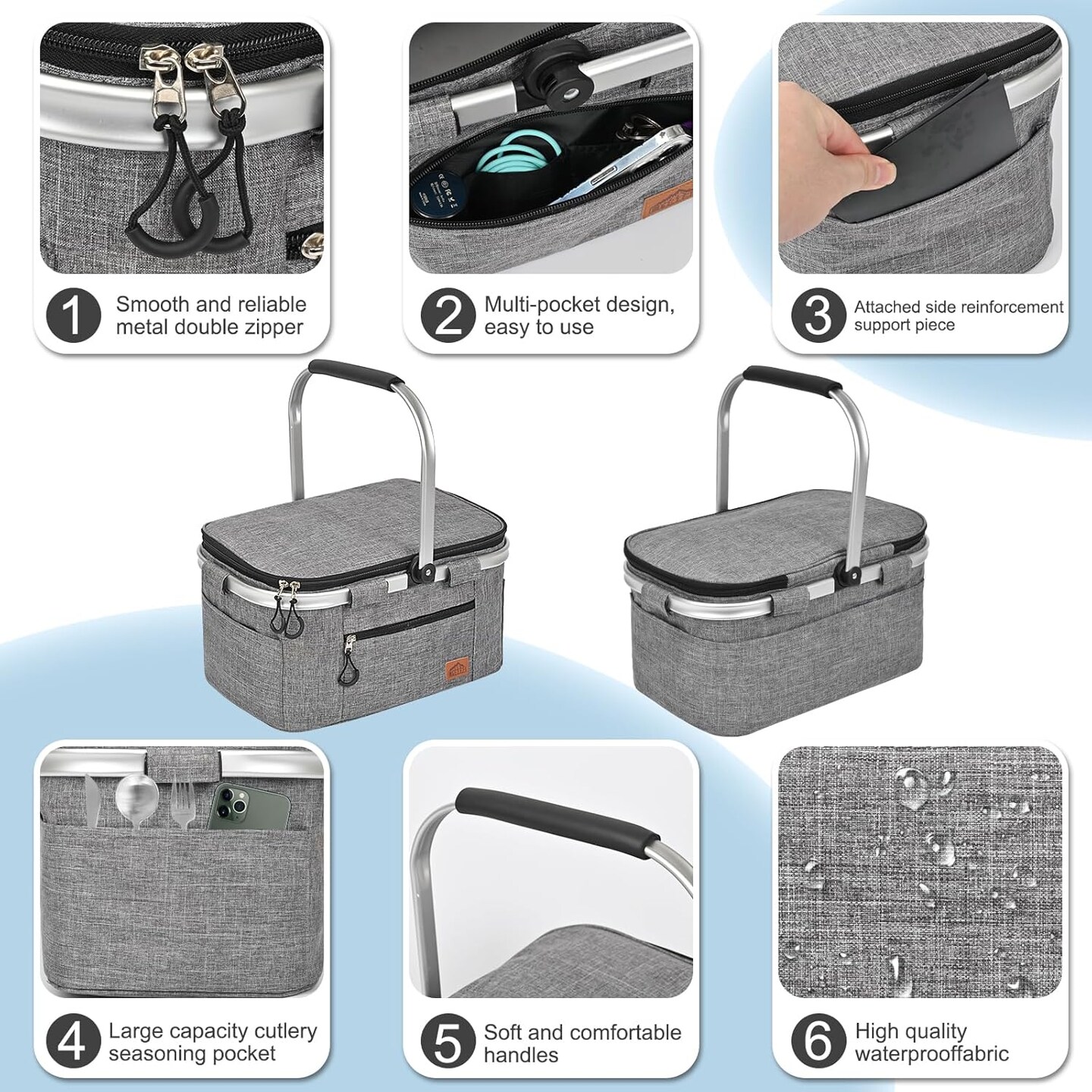 Insulated Cooler Bag Multipocket Collapsible Picnic Basket Leak-Proof Outdoor Basket for Camping Meal Delivery Shopping Travel Camping Beach Grocery Bag (Gray Medium)