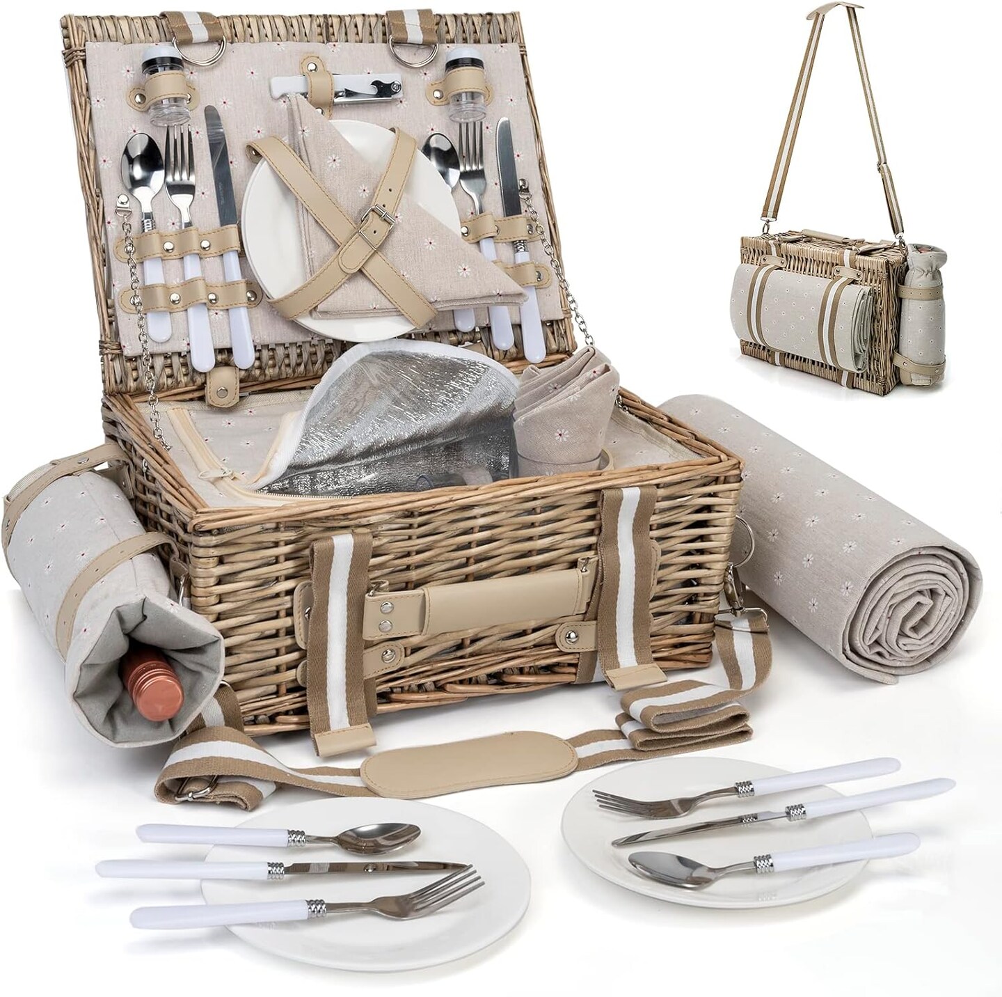 31Pcs Picnic Basket Set for 4 with Insulated Liner and Waterproof Blanket Wine Pouch, Large Wicker Picnic Hamper