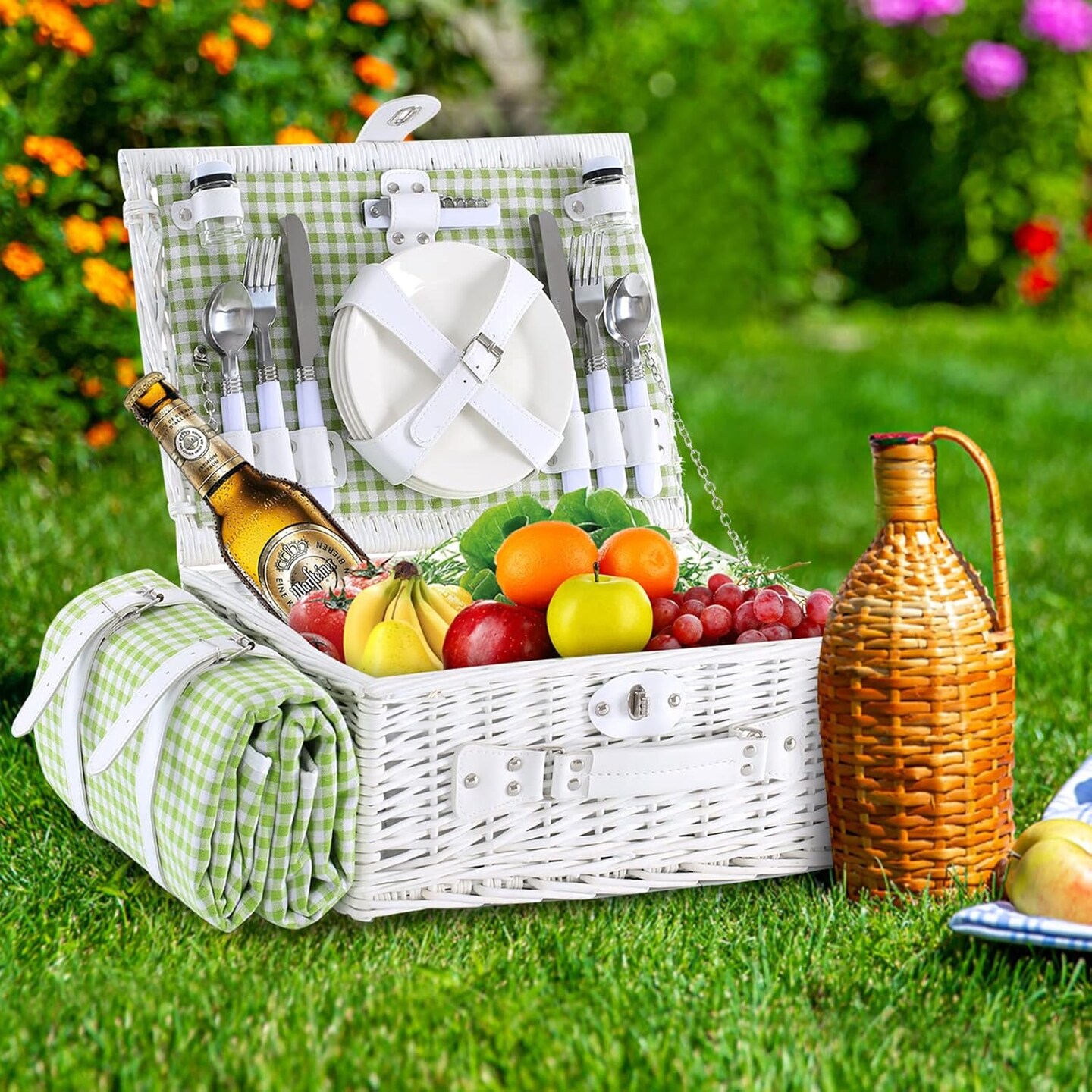 Wicker Picnic Basket for 4 with Waterproof Picnic Blanket and Insulated Cooler, Willow Hamper for Camping