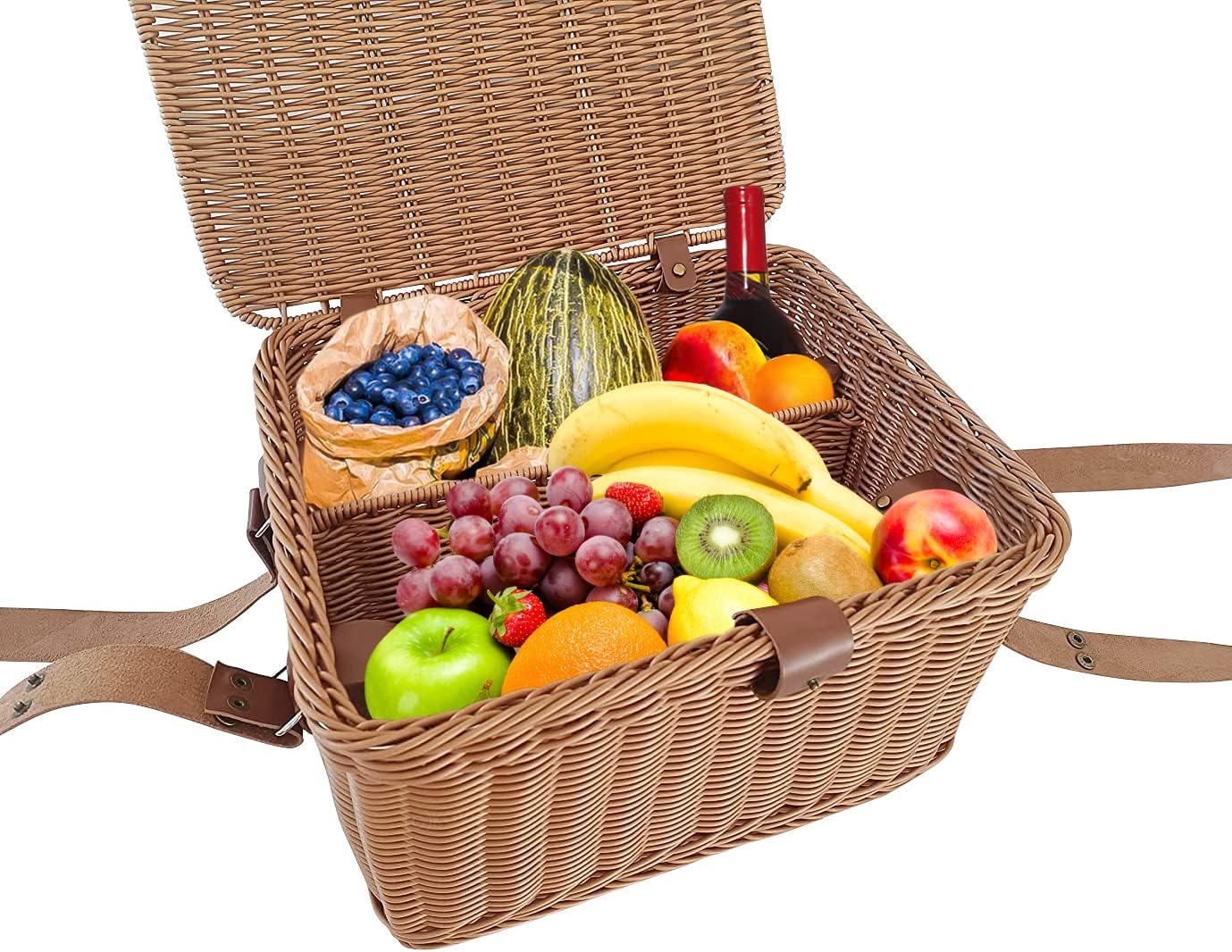 Wicker Picnic Basket for Picnics, Parties and BBQs, Hand Woven Polypropylene Fibers That Will Last with Leather Straps