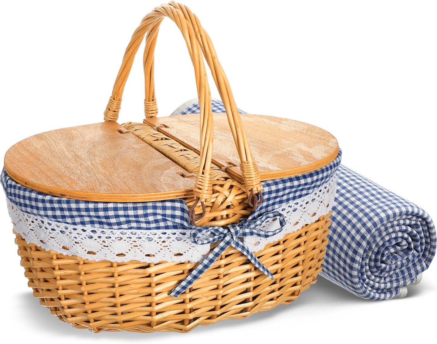 Wicker Picnic Basket with Blanket Set Vintage Picnic Basket with Lid and Handle Classic Picnic Box Sturdy Woven Body with Washable Lining Picnic Accessories for Outdoor Camping (Blue)