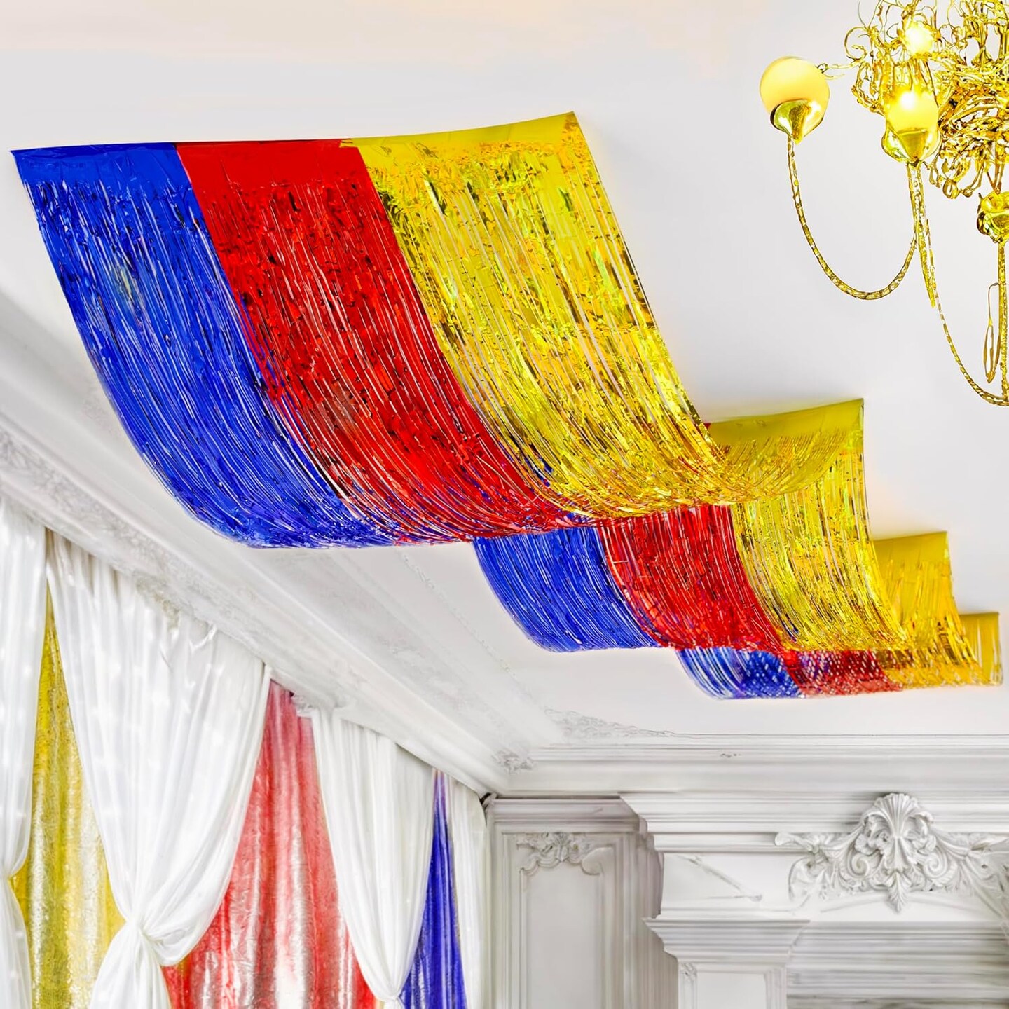 XtraLarge Red Gold Blue Ceiling Fringe Curtain - 1x15 Feet, Pack of 3 Party Decorations