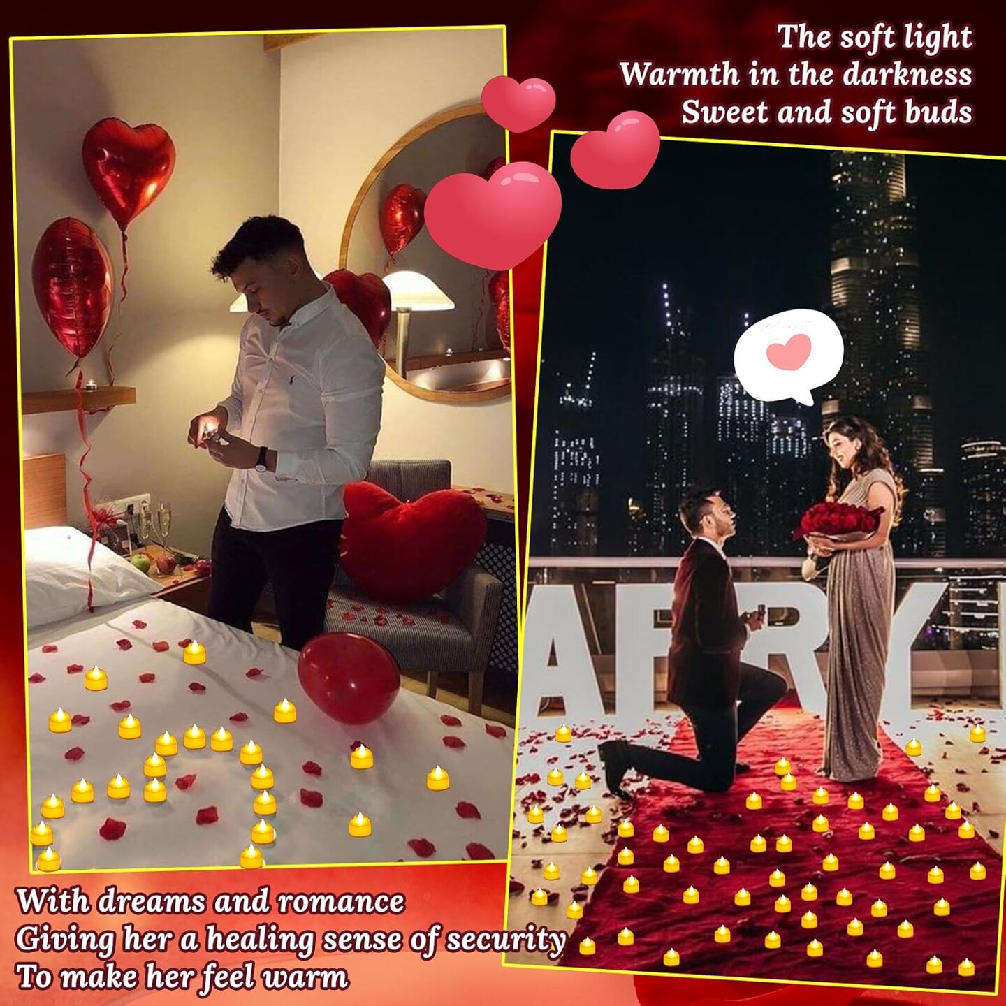 7000 Pieces Artificial Rose Petals with 72 Pieces Romantic Heart Led Tealight Candles, Rose Petals and Candles Set for Weddings Anniversaries Proposals Decor