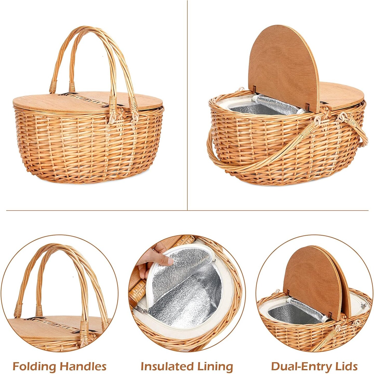 Wicker Picnic Basket with Cooler, Wooden Split Lid Picnic Basket, Vintage-Style Wicker Picnic Hamper with Folding Woven Handle