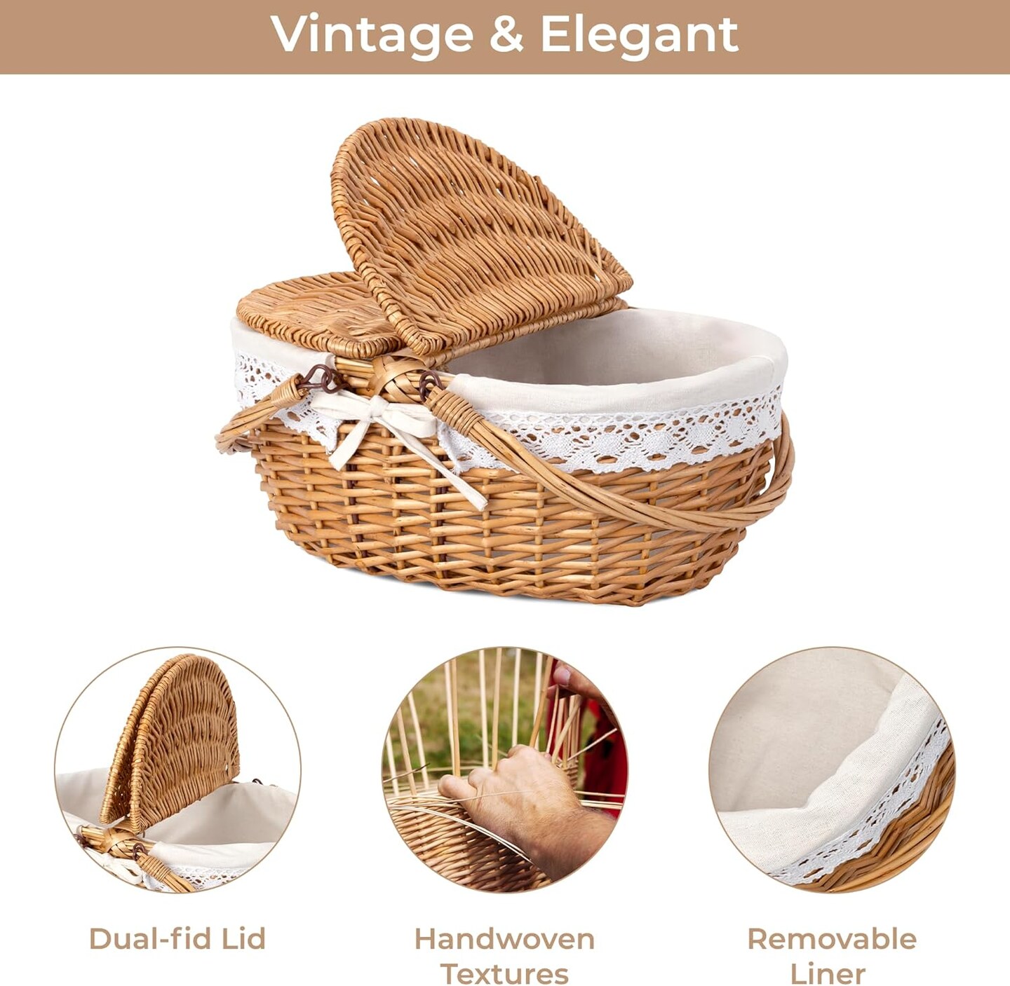 Picnic Basket, Wicker Basket with Lid, Woven Cute Basket with Handle, Storage Basket with Washable Lining &#x26; Dual-Flid Lid, Natural Willow Picnic Hamper, White Lining