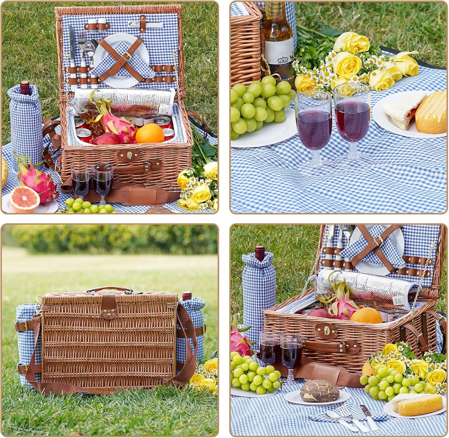 Picnic Baskets for 2, Picnic Basket with Waterproof Blanket, Picnic Basket Set with Washable Beach Mat &#x26; Large Insulated Cooler Compartment, Handmade Natural Wicker Hamper for Camping, Outdoor Party