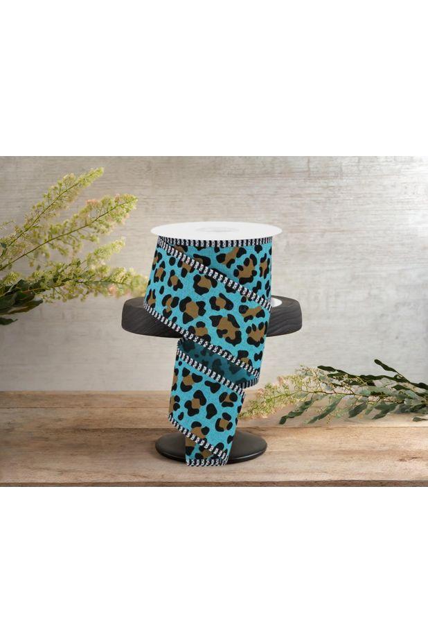 2.5&#x22; Leopard Print Thin Stripe Ribbon: Light Teal (10 Yards)