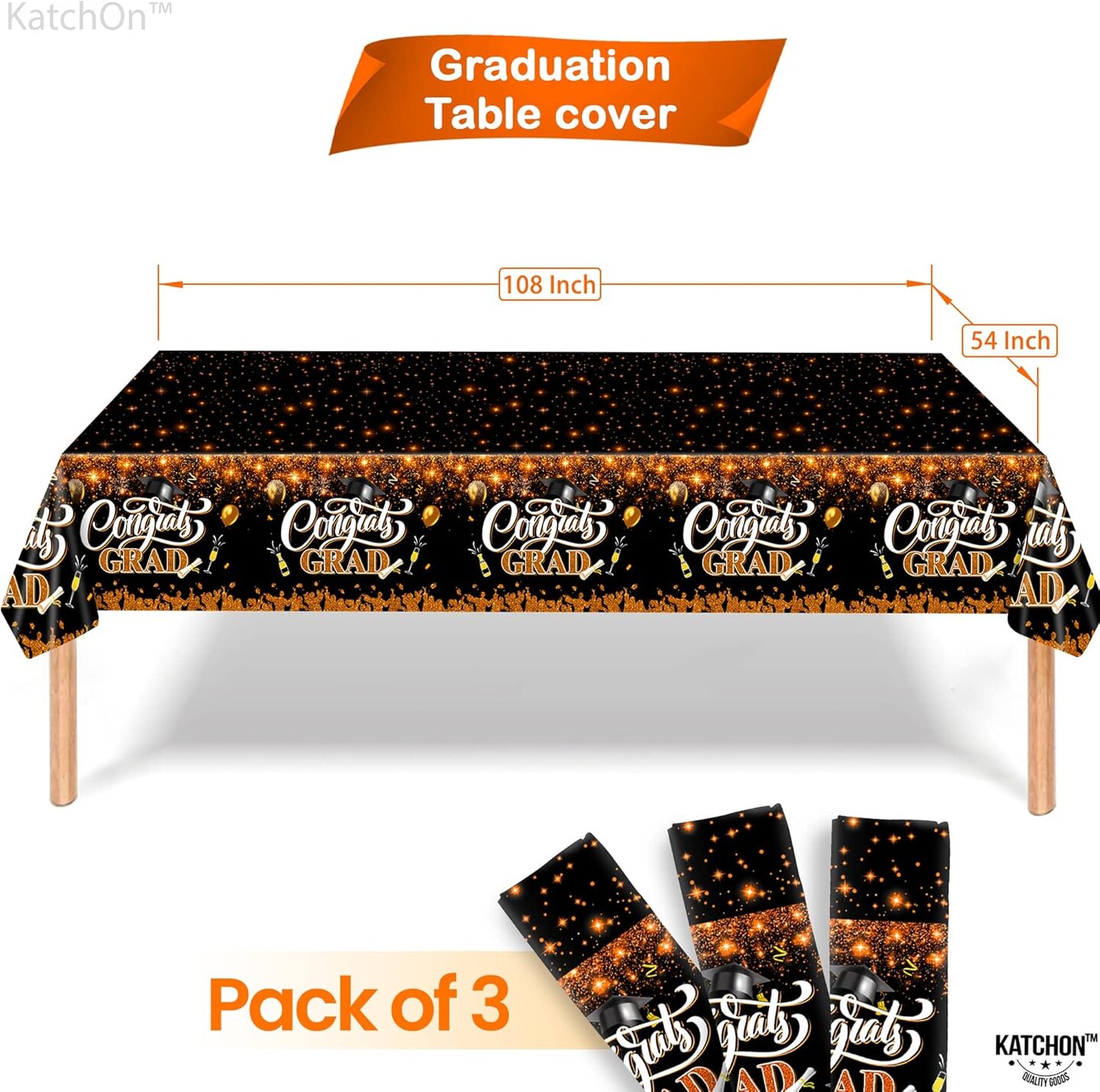 Orange and Black Graduation Tablecloth - XtraLarge 108x54 Inch, Pack of 3 | Congrats Grad Tablecloth for Graduation Decorations 2025 | Orange and Black Graduation Decorations Class of 2025