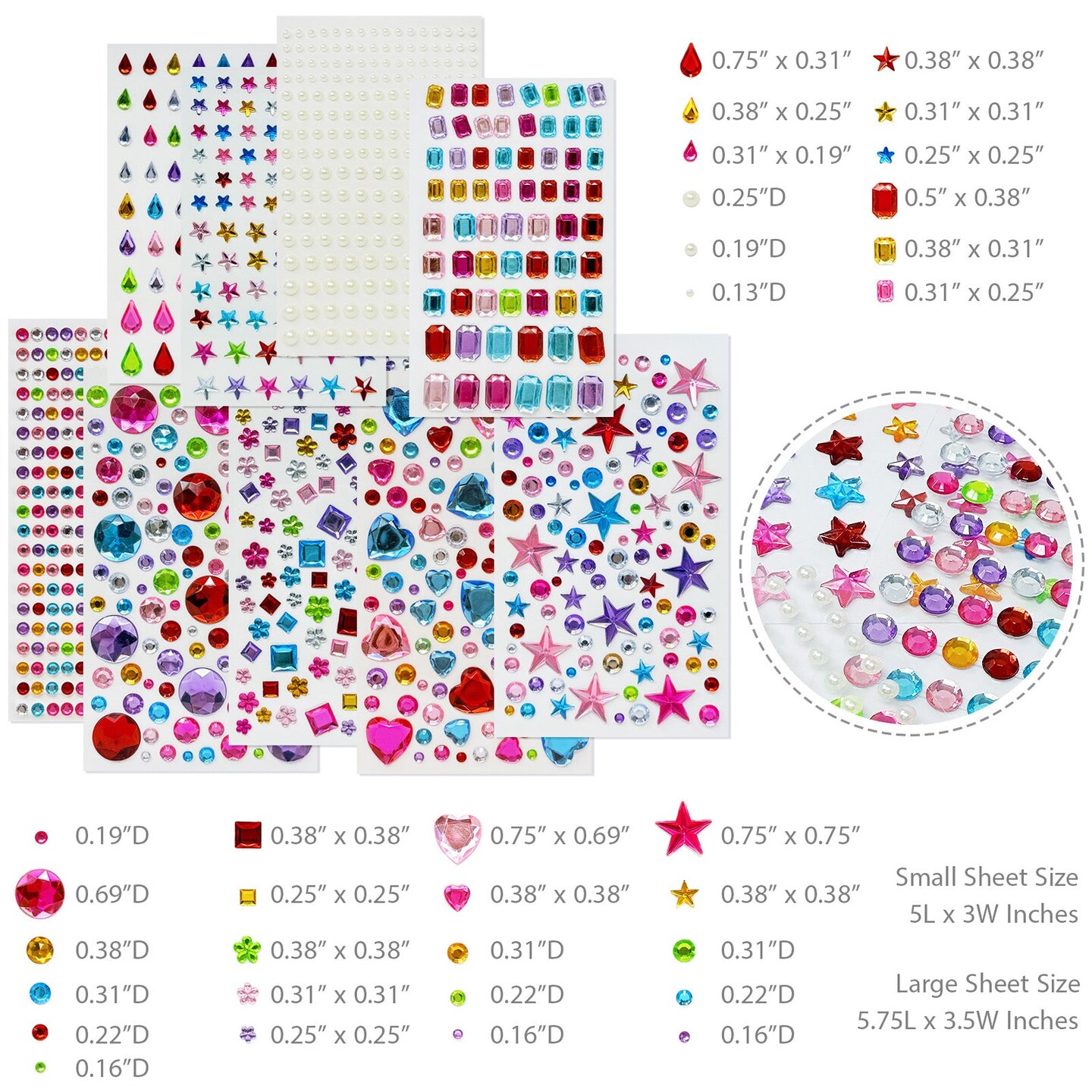 Wrapables 1154pcs Acrylic Self Adhesive Crystal Rhinestone Gem Stickers, DIY, Arts &#x26; Crafts Supplies (9 sheets), Assorted