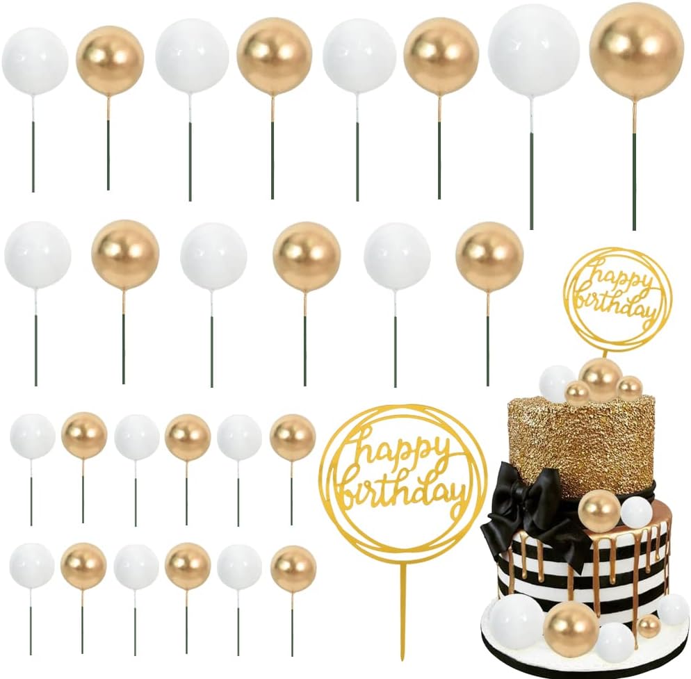 Gold 27 Pack Cupcake Topper with Mini Balls, Happy Birthday Acrylic Toppers Insert Pick DIY for Cake Decorations Anniversary Wedding Baby Shower Party (Gold/White)