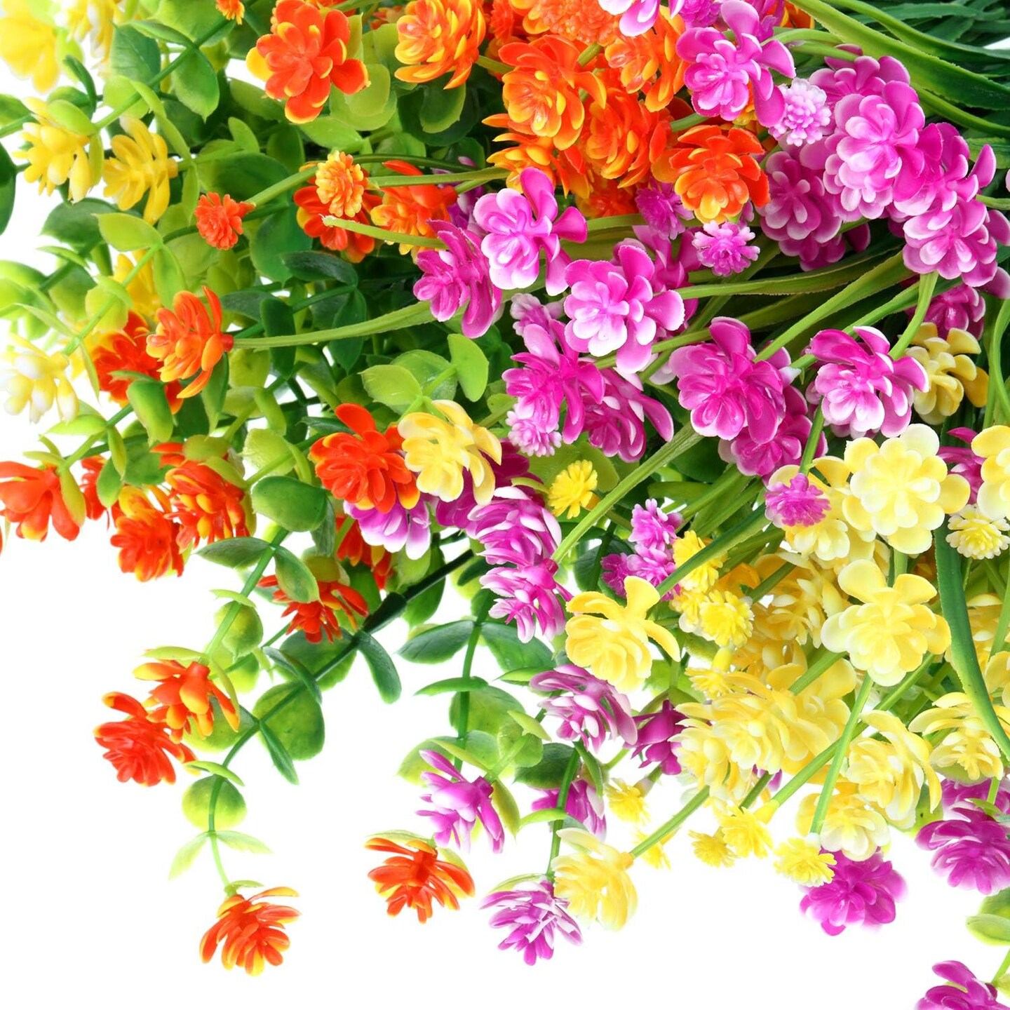 12 Bundles Artificial Flowers Outdoor, UV Resistant Fake Plants Shrubs in Yellow, Orange & Fuchsia for Porch, Patio, Hanging Planters, Window Boxes & Spring Summer Décor