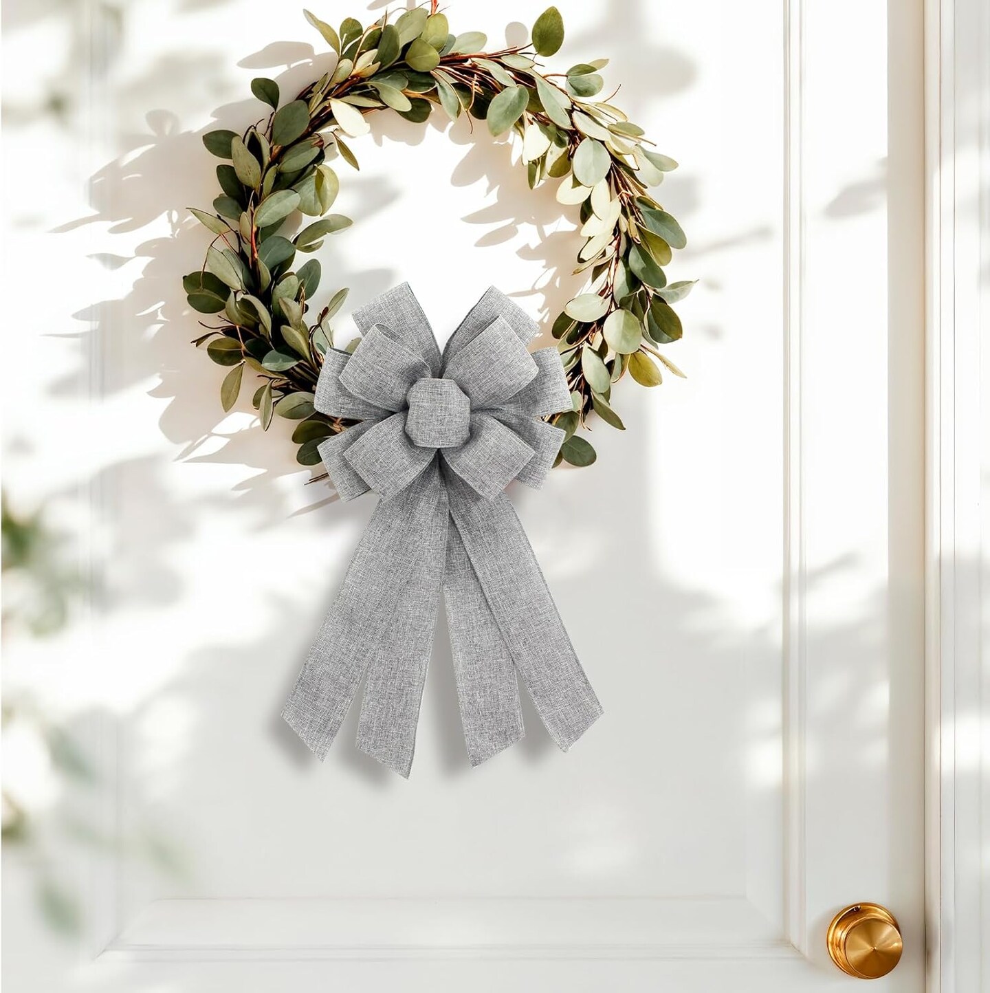 Grey Burlap Wreath Bow 20 x 11 Inches Easter Bows Birthday Holiday Ribbon Bow Carnival Farmhouse Bow Tree Ornament for Home Front Door Decorations