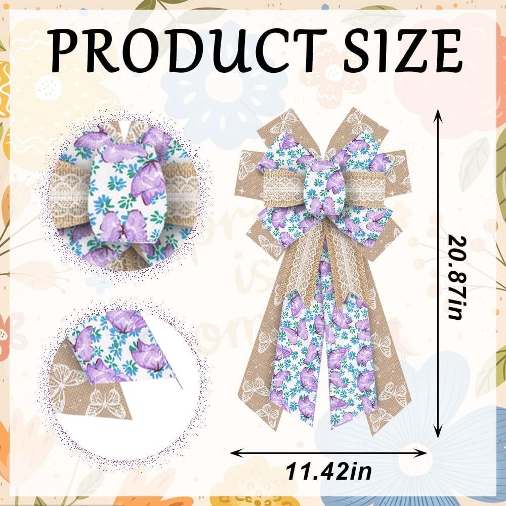 Large Spring Wreath Bows – Purple Butterfly Burlap with Blue Brown Lace Flowers for Indoor & Outdoor Decor