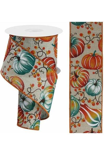 2.5&#x22; Pumpkins Bittersweet Ribbon: Light Natural/Teal (10 Yards)