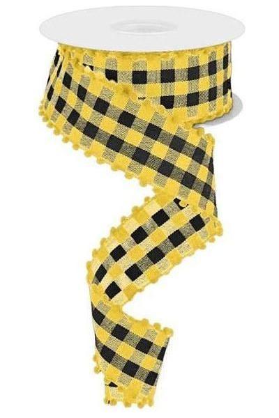 1.5&#x22; Check with Poms Ribbon: Yellow (10 Yards)