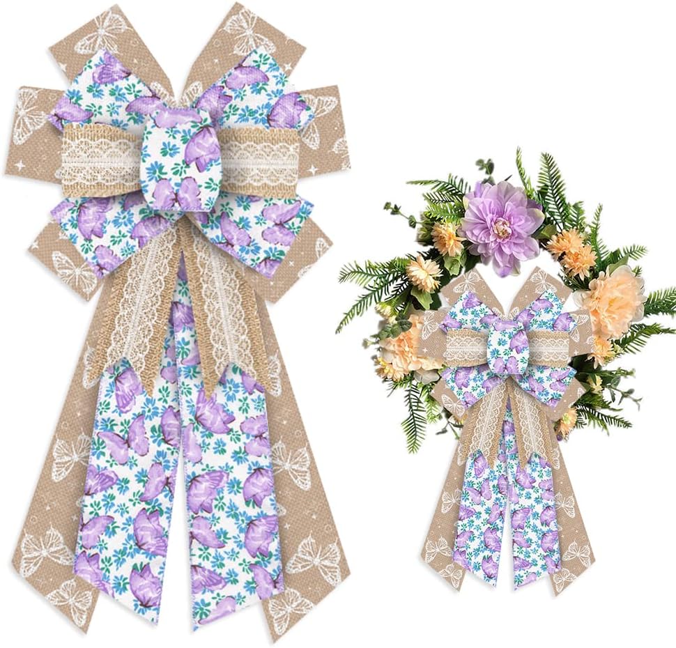 Large Spring Wreath Bows – Purple Butterfly Burlap with Blue Brown Lace Flowers for Indoor & Outdoor Decor