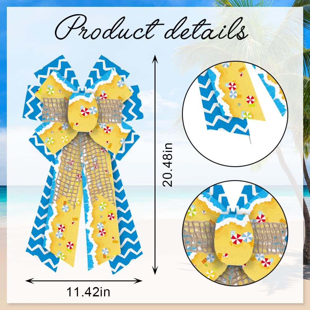 Large Summer Wreath Bows – Blue & Yellow Burlap Ocean Wave Bows for Front Door & Party Decor