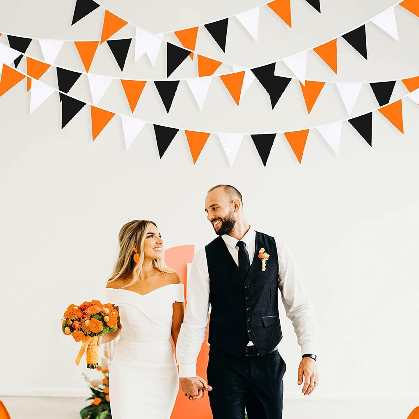 32Ft Orange Black White Graduation Party Decorations 2023 Halloween Pennant Banner Fabric Triangle Flag Bunting Garland for Thanksgiving Wedding Birthday Home Nursery Outdoor Garden Hanging Decoration