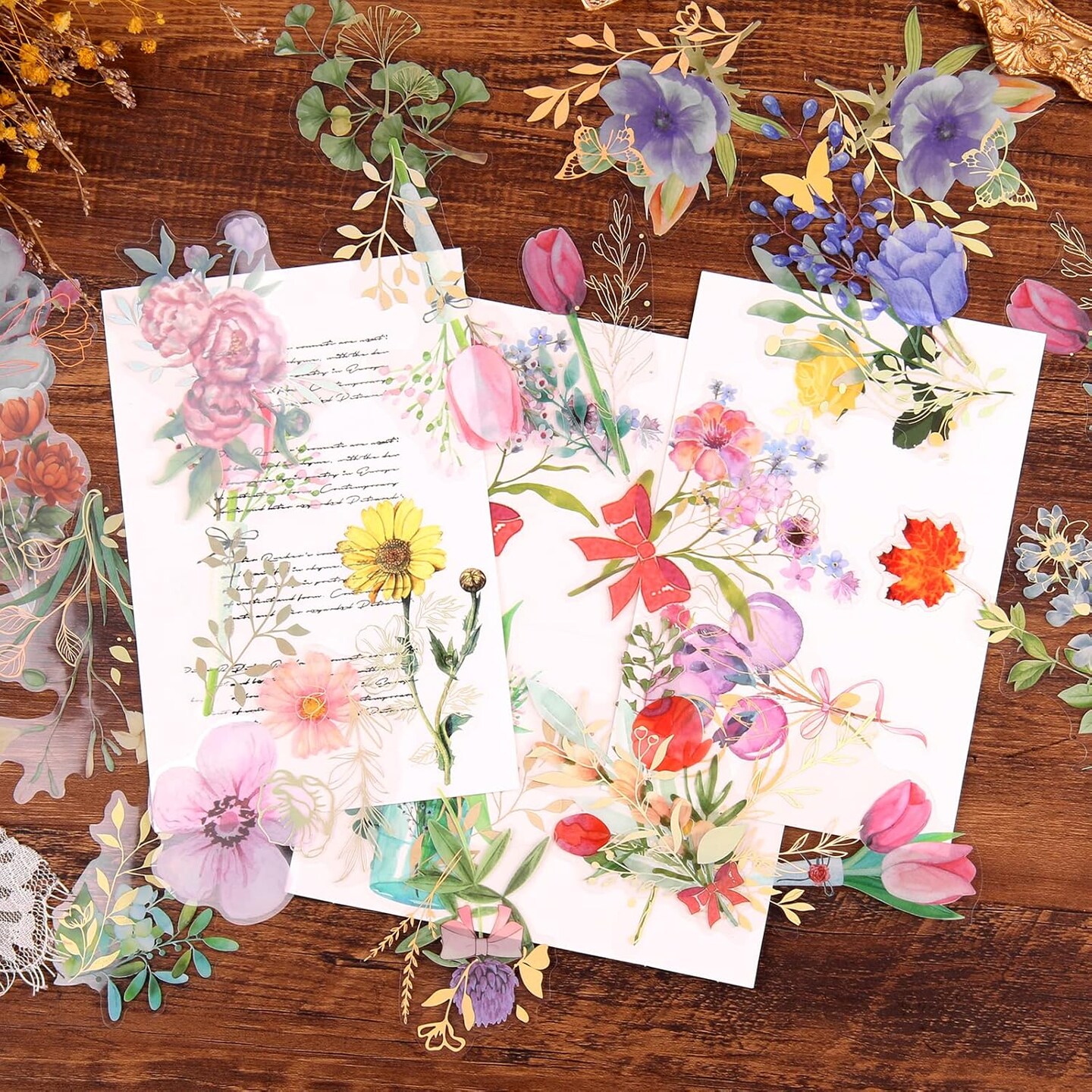 Gilding Flower Stickers (240 Pieces) - Glitter Watercolor Transparent Stickers for Card Making Scrapbooking Envelopes Wrapped Gifts Arts and Crafts Journaling