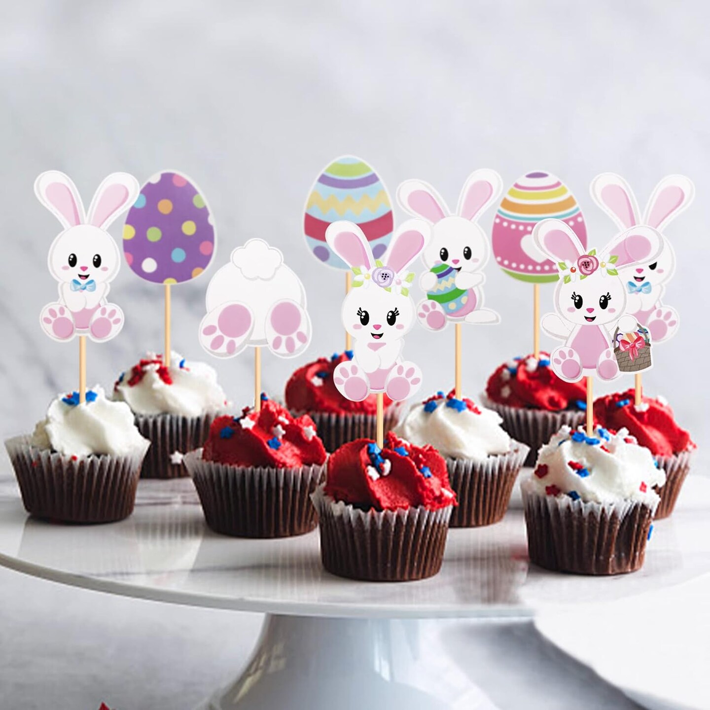 32 PCS Easter Cupcake topper Bunny Cupcake Toppers Easter Egg Cupcake Topper Rabbit Easter Party Cake Topper Decorations (Bunny Back)