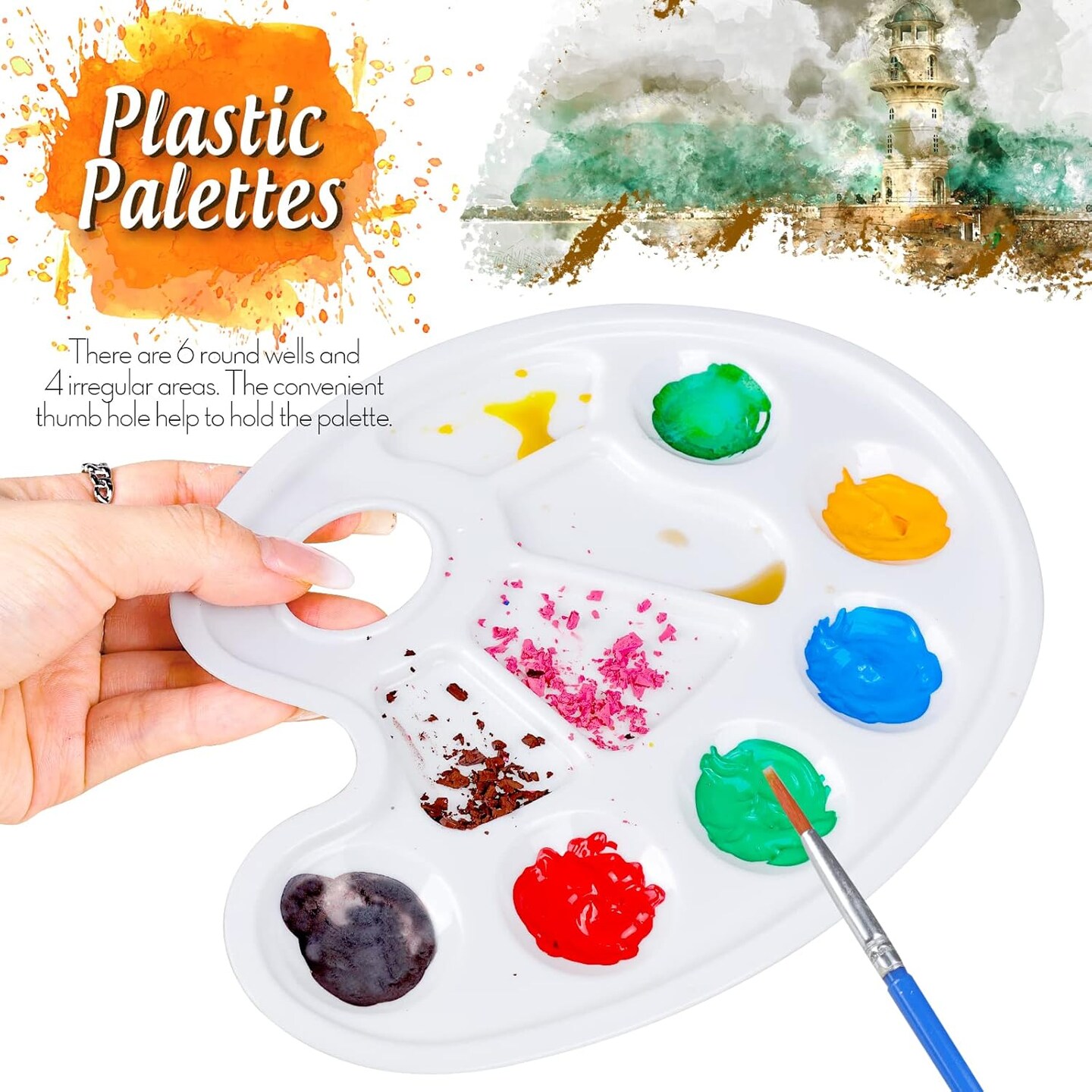 Oval Paint Palette Tray, Plastic Paint Tray Palette, Painting Palette, Paint Tray Palettes Paint Pallets with Thumb Hole for Adults & Kids