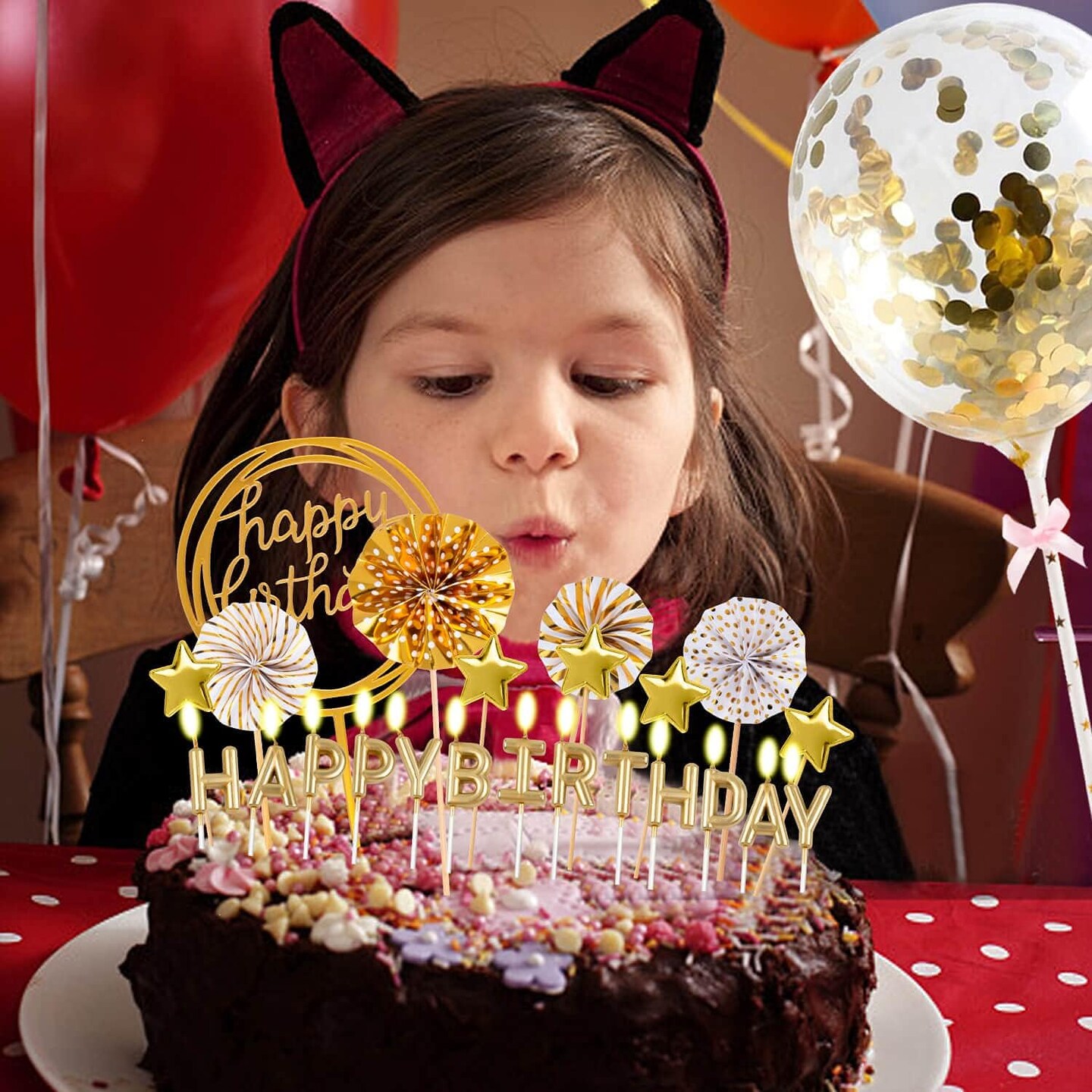 Birthday Candles Set - Cake Topper Decoration with Cake Candles Confetti Balloon Stars and Fan Cupcake Toppers 12 Pieces Birthday Cake Decor for Birthday Party Celebration (Gold)