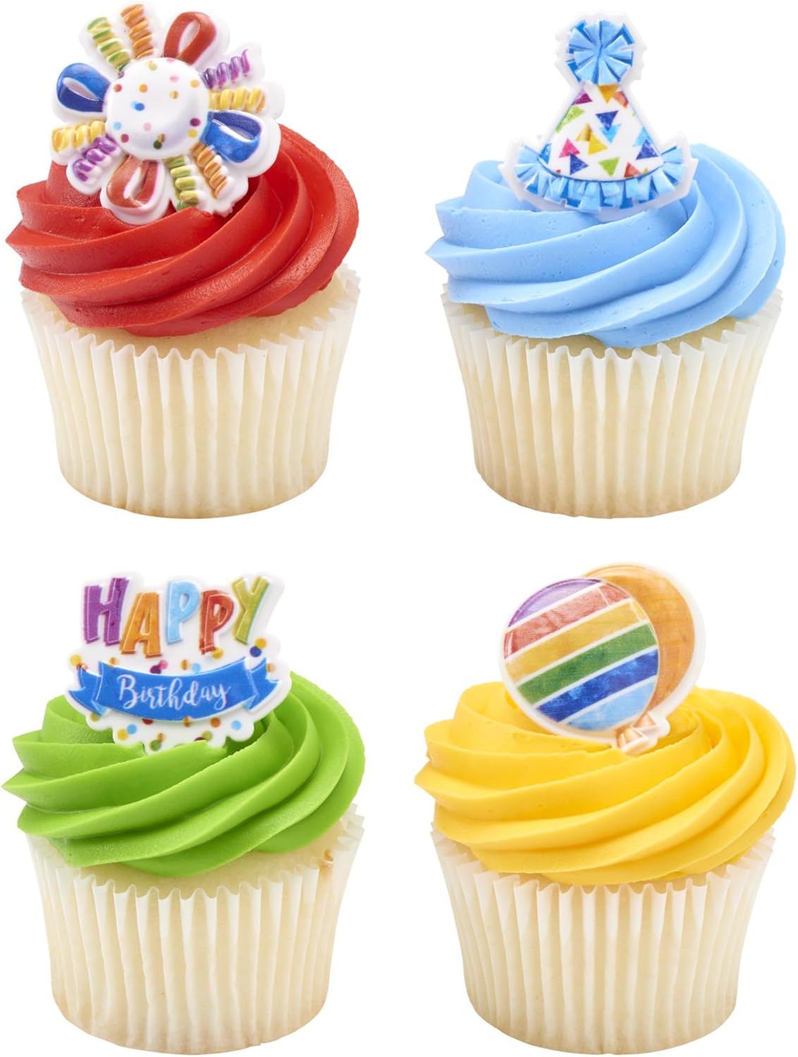 24PCS Happy Birthday Cupcake Toppers – Multi-Colored Balloons, Party Hats & Streamers