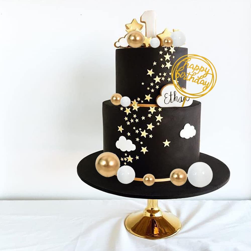 Gold 27 Pack Cupcake Topper with Mini Balls, Happy Birthday Acrylic Toppers Insert Pick DIY for Cake Decorations Anniversary Wedding Baby Shower Party (Gold/White)