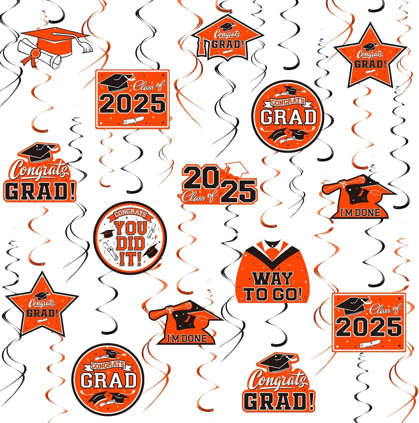 31 Pieces Graduation Decorations Class of 2025, Graduation Hanging Swirl Congrats Grad and Graduation Party Decorations(Orange, Black)