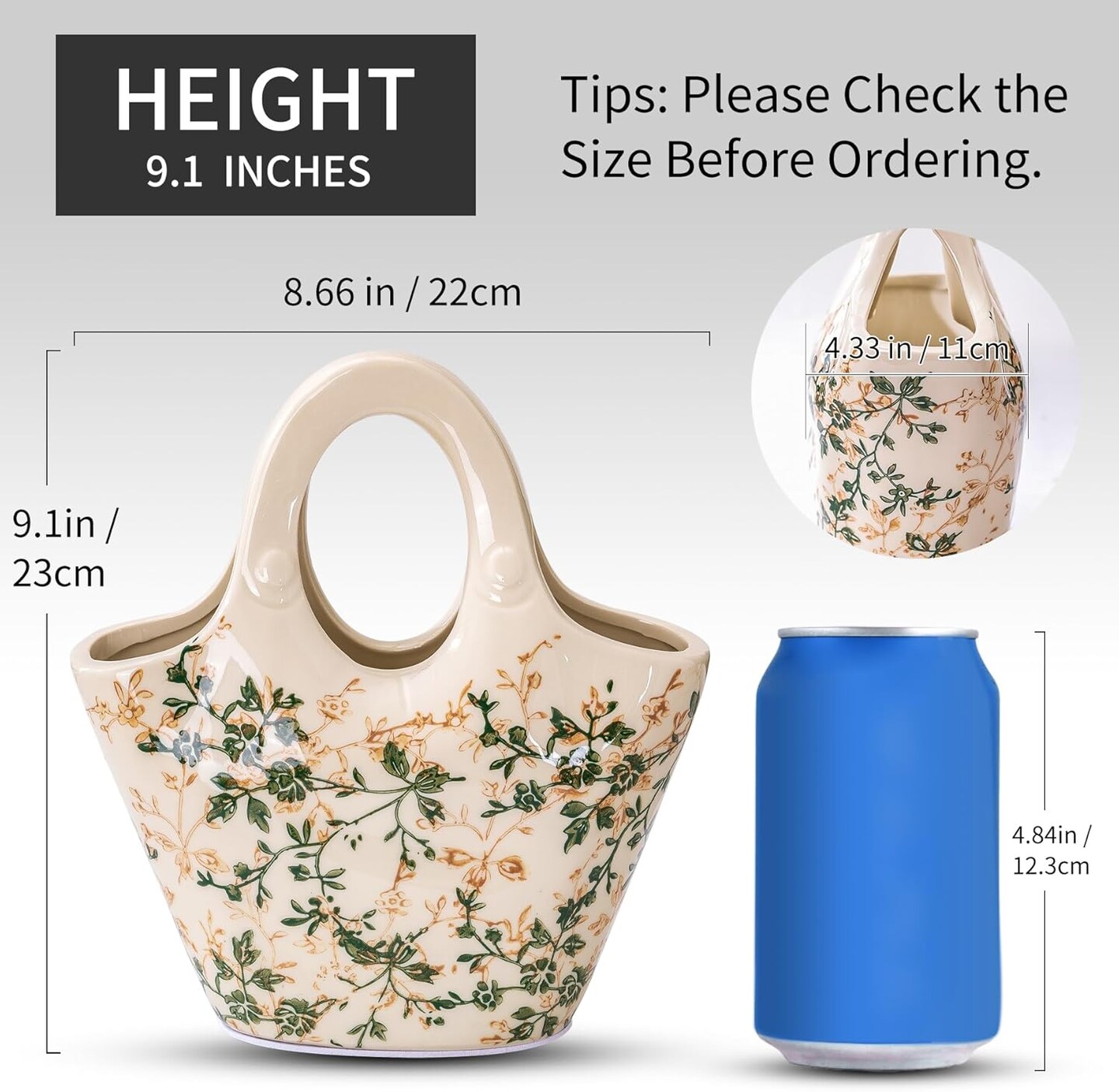 Ceramic Purse Vase for Flowers, Cute Handbag Vase, Vintage Green and Beige Floral Vase, Rustic Farmhouse Vase for Living Room, Kitchen, Bedroom, Table Centerpiece, Chinoiserie and Tuscan Decor 9 Inch