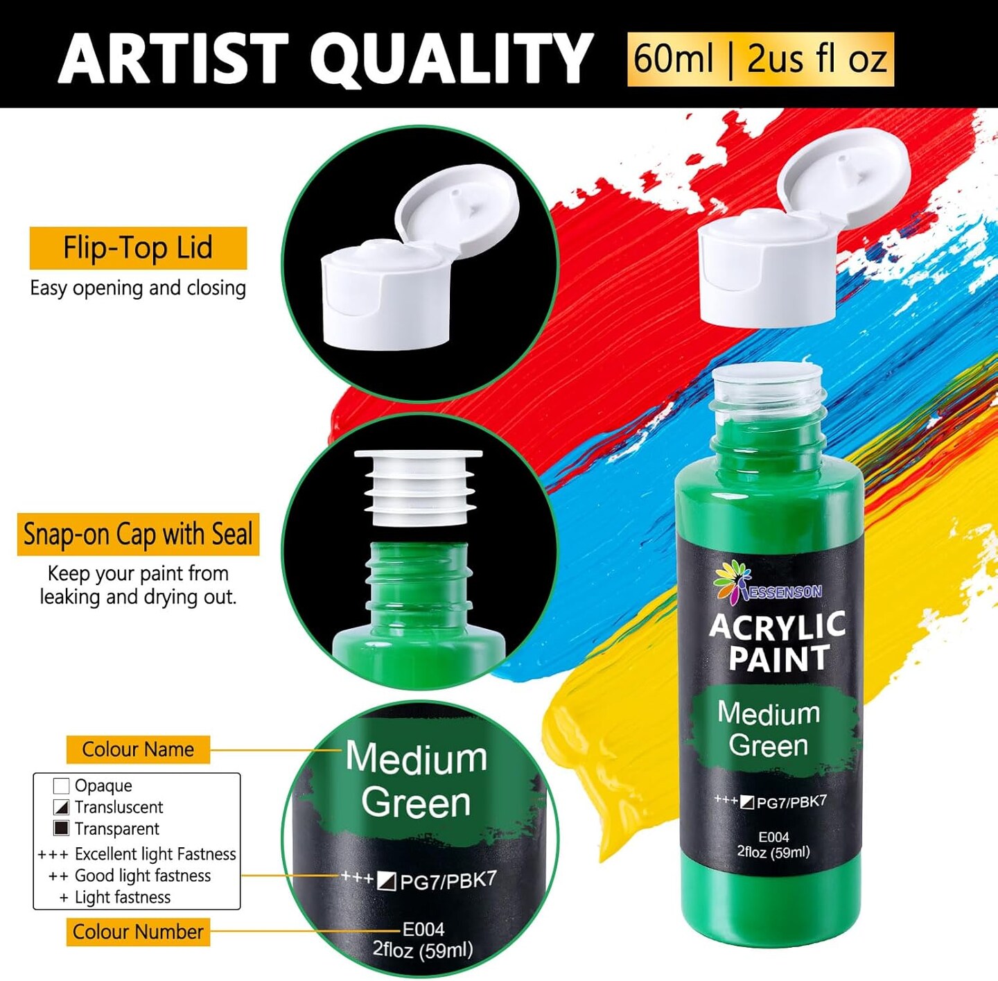 Acrylic Paint Set, 50 Colors Acrylic Paint with Brushes, 2oz Bottles, Rich Pigments Paint for Artists Kids & Adults, Art Supplies for Canvas Rock Ceramic Wood Painting