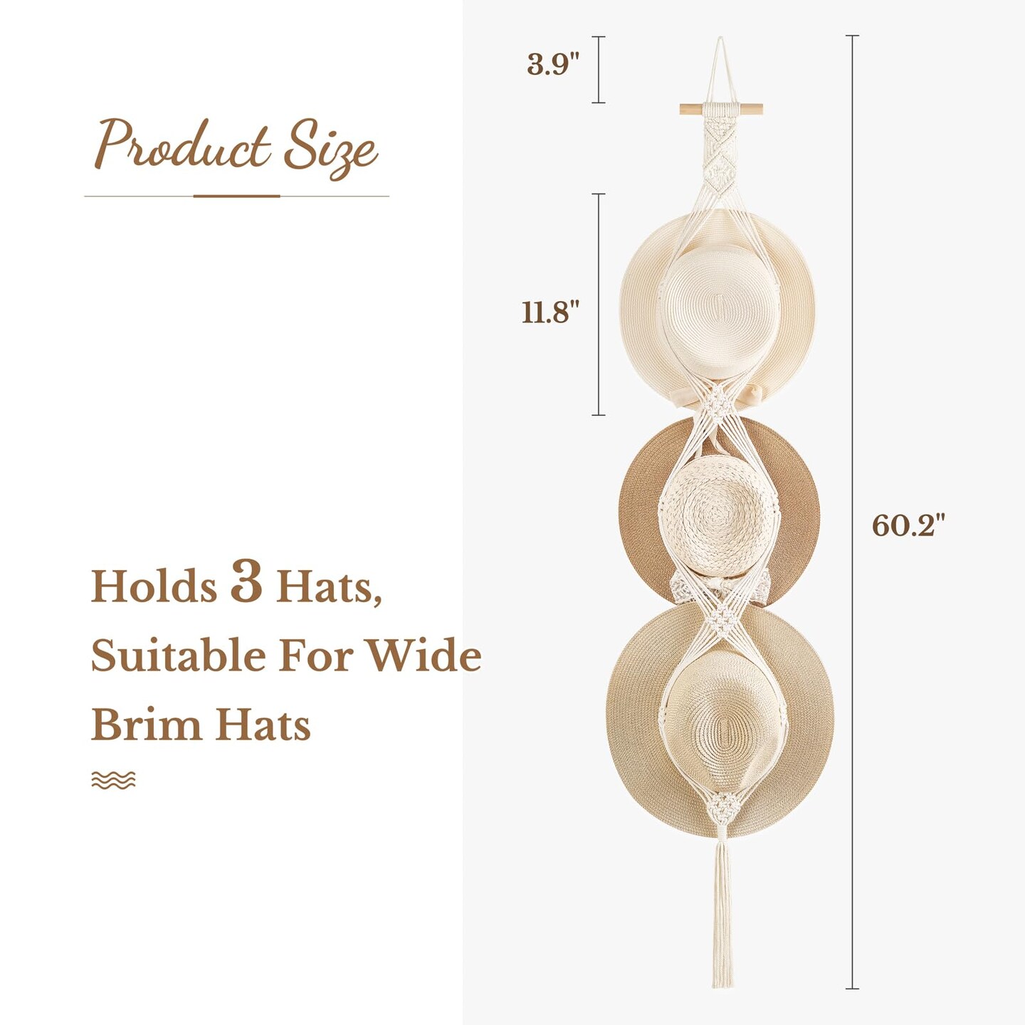 Macrame Hat Hangers Hat Rack for Wall Cowboy Hat Organizer Hanging Display Hand Weaving Bobo Hat Holder Western Decor for Wide Brim Hats Bowler Fedora Hats