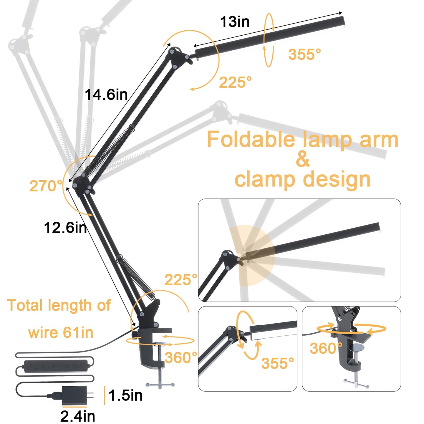 LED Desk Lamp for Home Office, Clamp-On with 5 Light Modes &#x26; Auto Shut Off | 14W Adjustable Brightness 5000K Eye-Caring Lighting for Study/Bedroom/Computer Desk