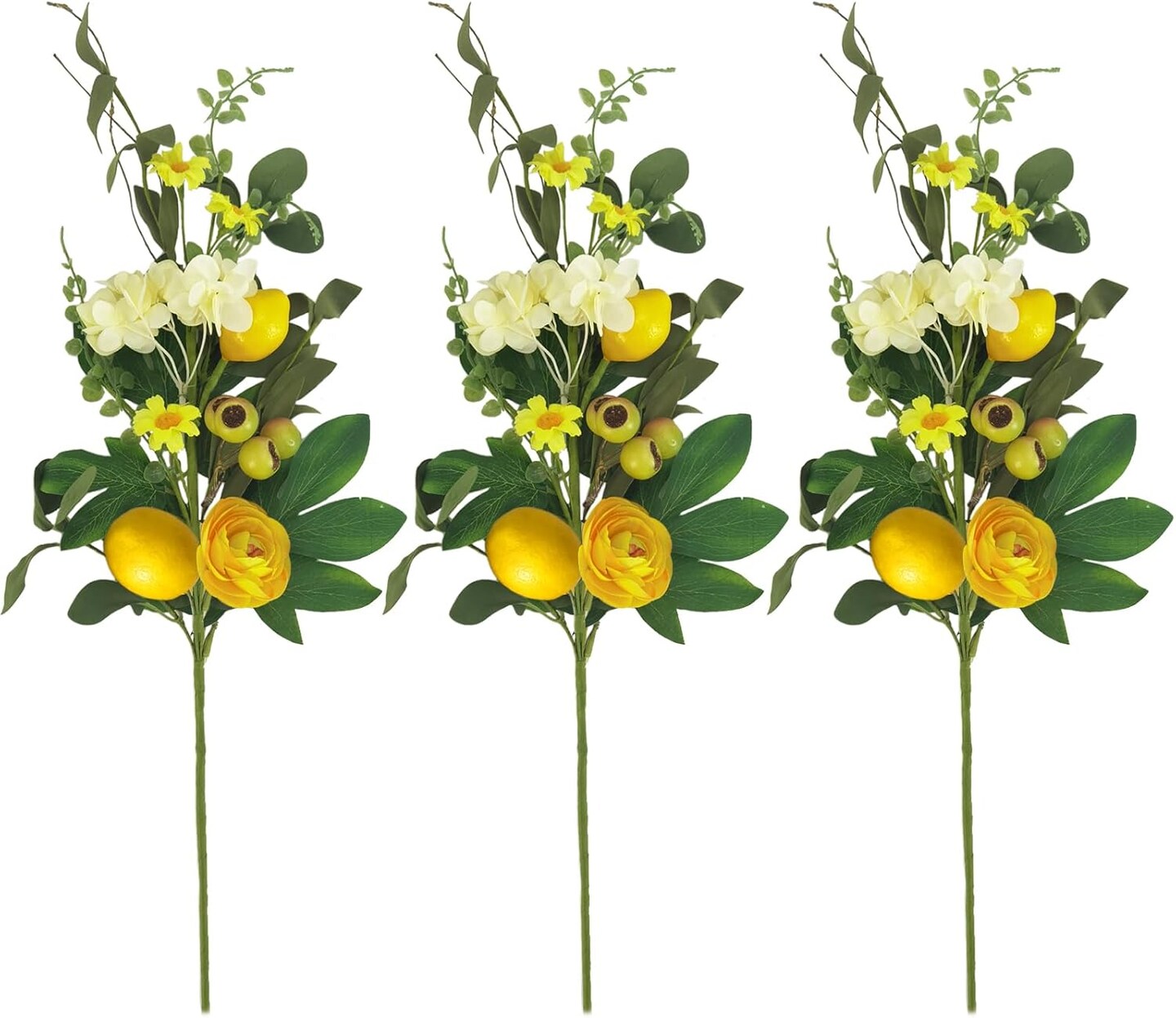 3pcs Artificial Lemon Stems with Green Leaves, Faux Yellow Lemon Tree Branches, Spring Floral Picks for Home, Kitchen, Table, Party, or Vase Décor